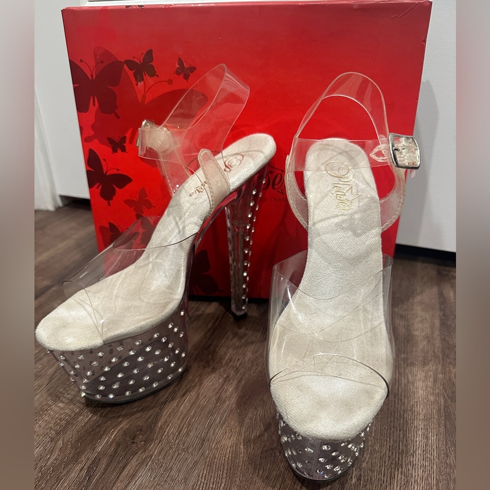 Clear high heels with silver jewels